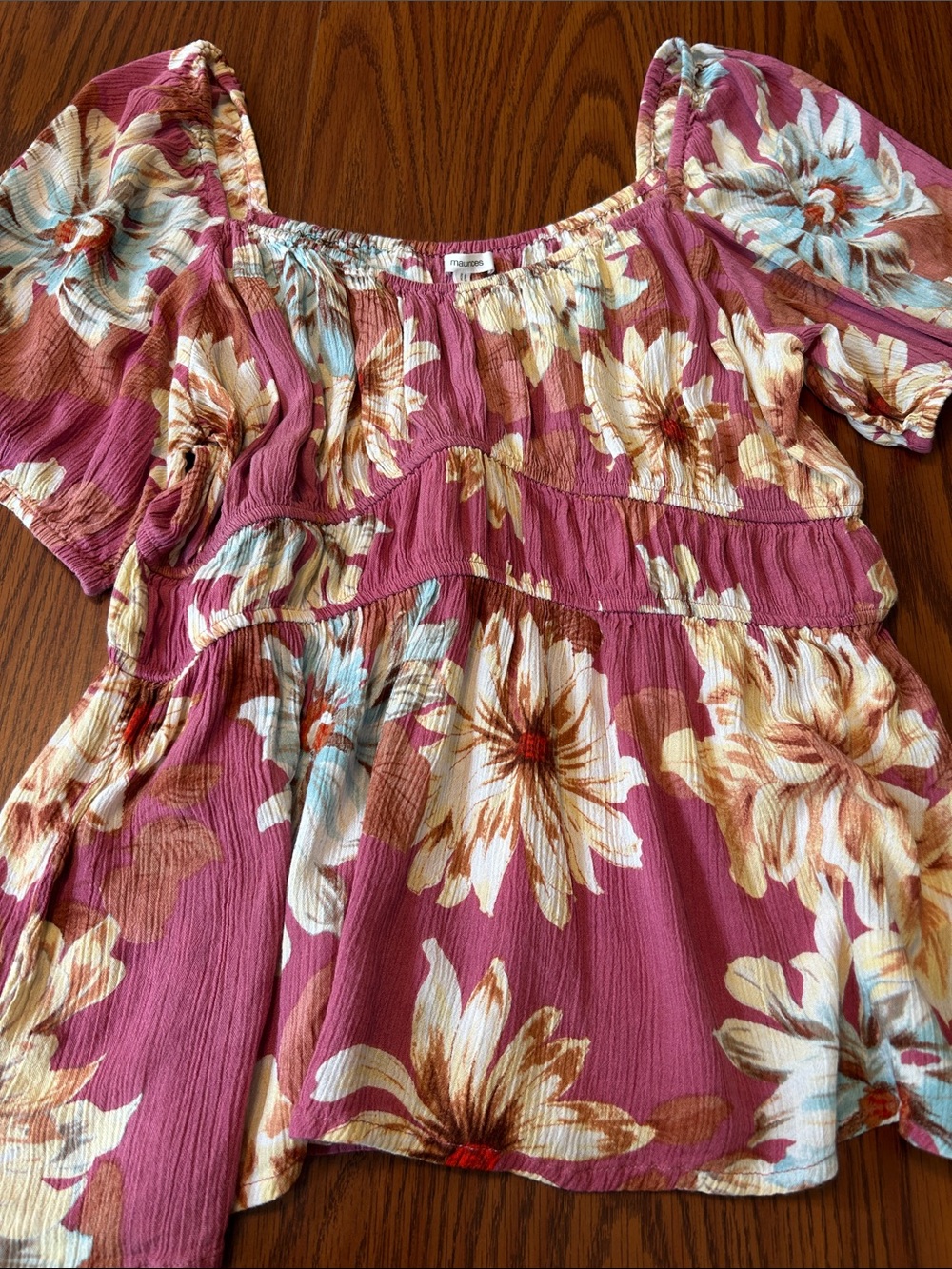 Maurices Pink Floral Peasant Blouse with Puff Sleeves
